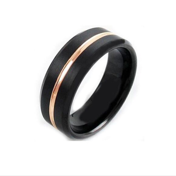 Men's Real Black Tungsten Promise Ring 14K Gold Filled Center Groove Gold Line - Picture 12 of 12